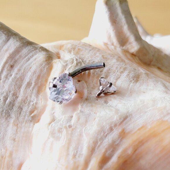 14G Surgical Steel belly ring with clear heart CZ prong set piercing jewelry - Picture 5 of 6